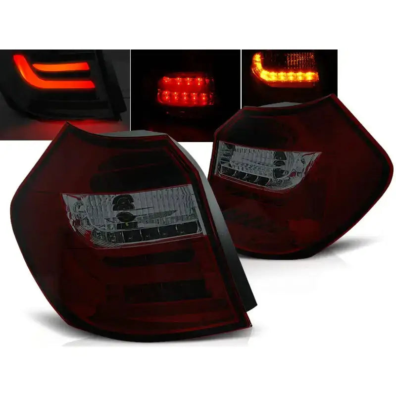 Baklykter Bmw E87/E81 Red Smoke Led Bar sett fra skrå vinkel med røde og oransje LED-striper.