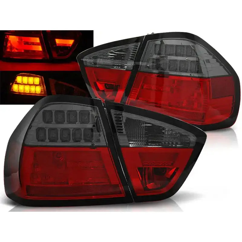 Baklykter Bmw E90 Red Smoke LED Bar med rød og sotet linse sett fra skrå vinkel.