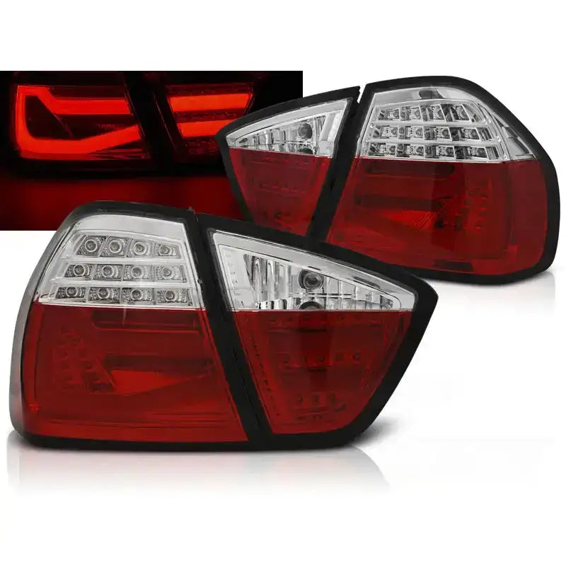 Baklykter Bmw E90 03.05-08.08 med LED, rødt og klart plast, vist fra front og side.