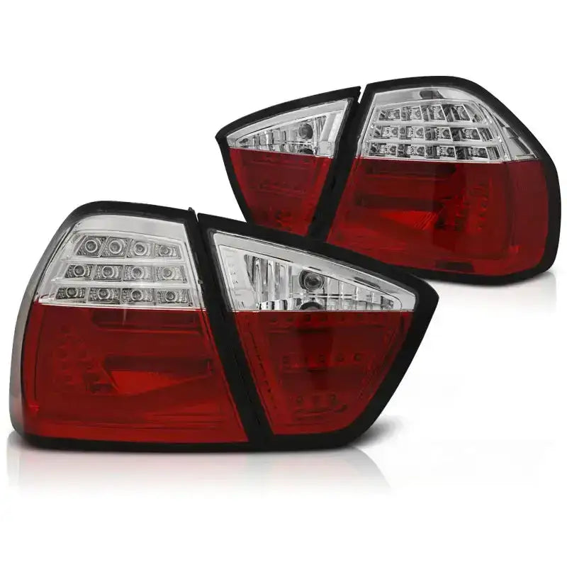 Baklykt Bmw E90 Red White LED Black Bar vist fra skrå vinkel med røde og hvite felter.