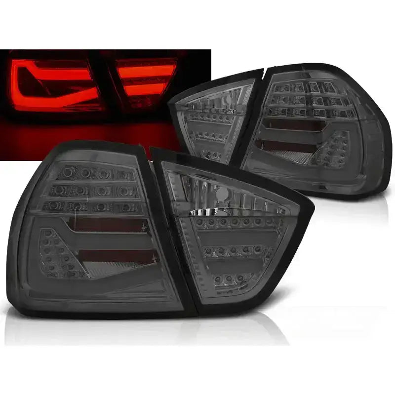 Baklykter Bmw E90 03.05-08.08 Smoke LED Bar sett med moderne, kantet design og opplyste røde felt.