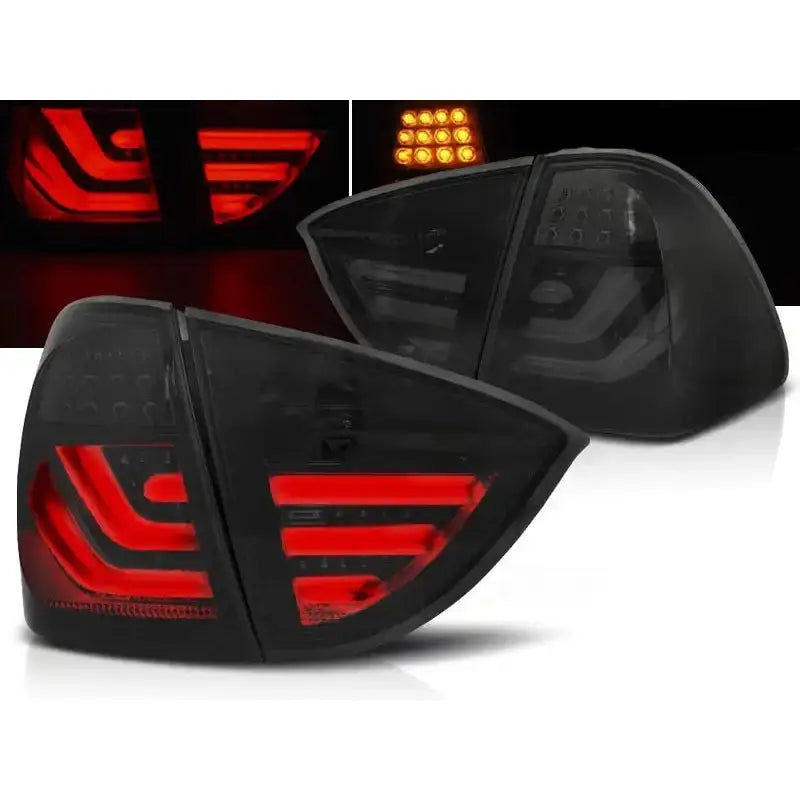 Baklykter Bmw E91 05-08 Smoke Black LED Bar med sotet glass, røde LED og synlige lysmønstre.
