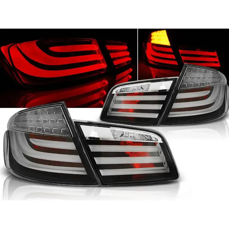 Baklykter Bmw F10 10-07.13 Black Led Bar sett fra skrå vinkel med LED, tente og slukkede lys.