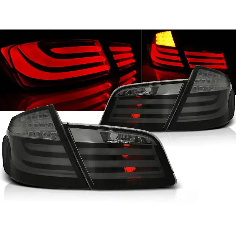 Baklykter Bmw F10 10-07.13 Smoke Led Bar med røde og oransje soner, vist både avskrudd og tent.