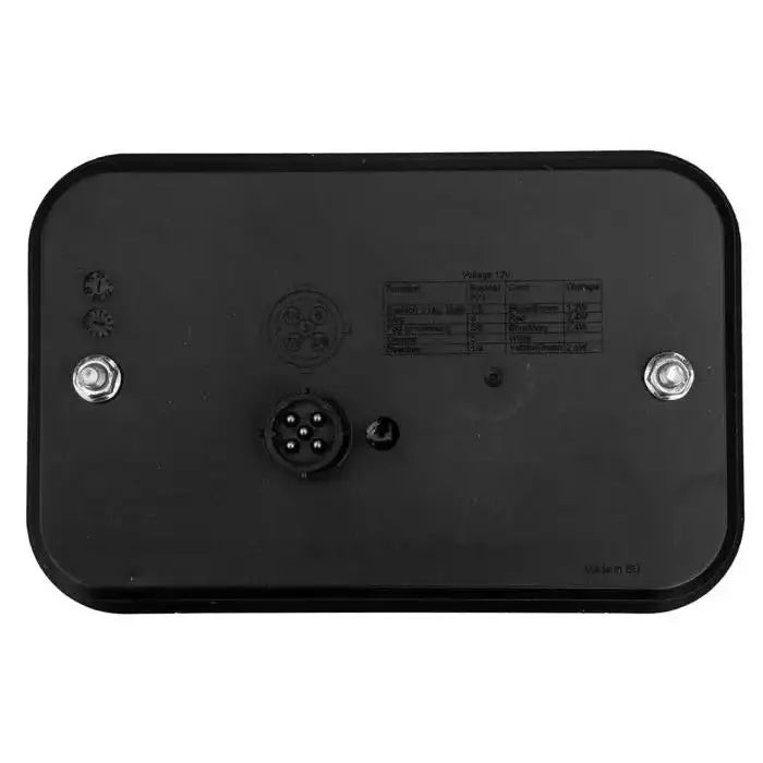 Baklys Tilhenger Fristom FT-270, bakside med synlige bolter, rund fempinners kontakt og trykte spesifikasjoner.