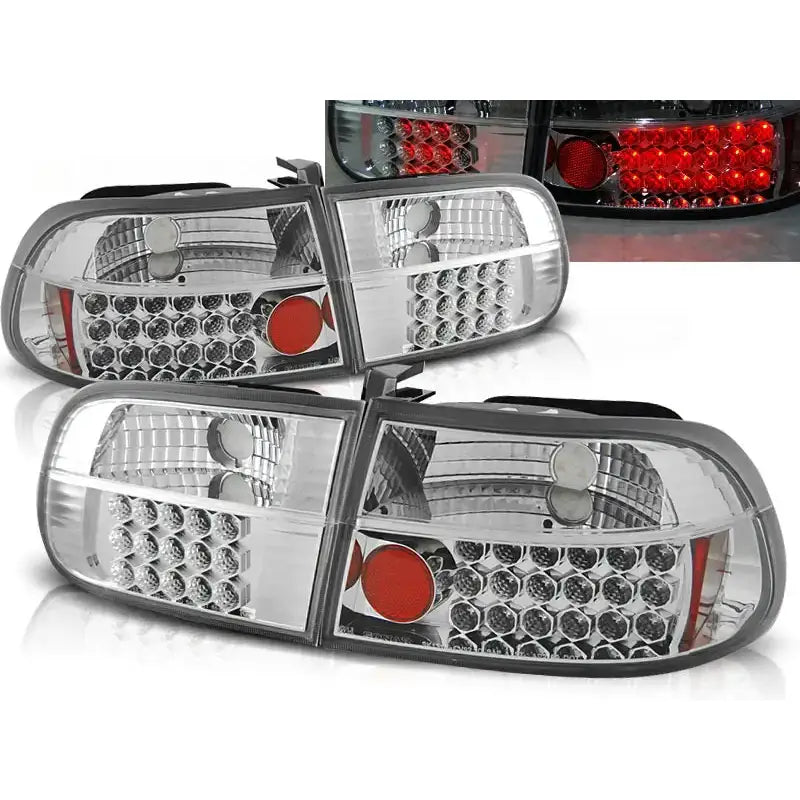 Baklykter Honda Civic 09.91-08.95 3D Chrome LED med runde LED-elementer og røde detaljer.