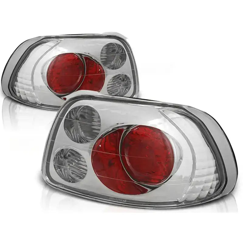 Baklykter Honda CRX Del Sol 92-97 i krom med runde røde og sølv detaljer, skrått forfra.