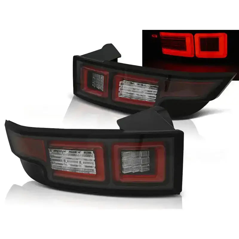 Baklykter Land Rover Range Rover Evoque 11- Black Led med klare felter og rød ramme, skrå vinkel.