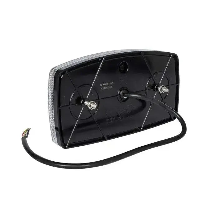 Baklys Tilhenger Fabrilcar, bakside med sort plastdeksel, to festebolter og utgående svart kabel med ledere.