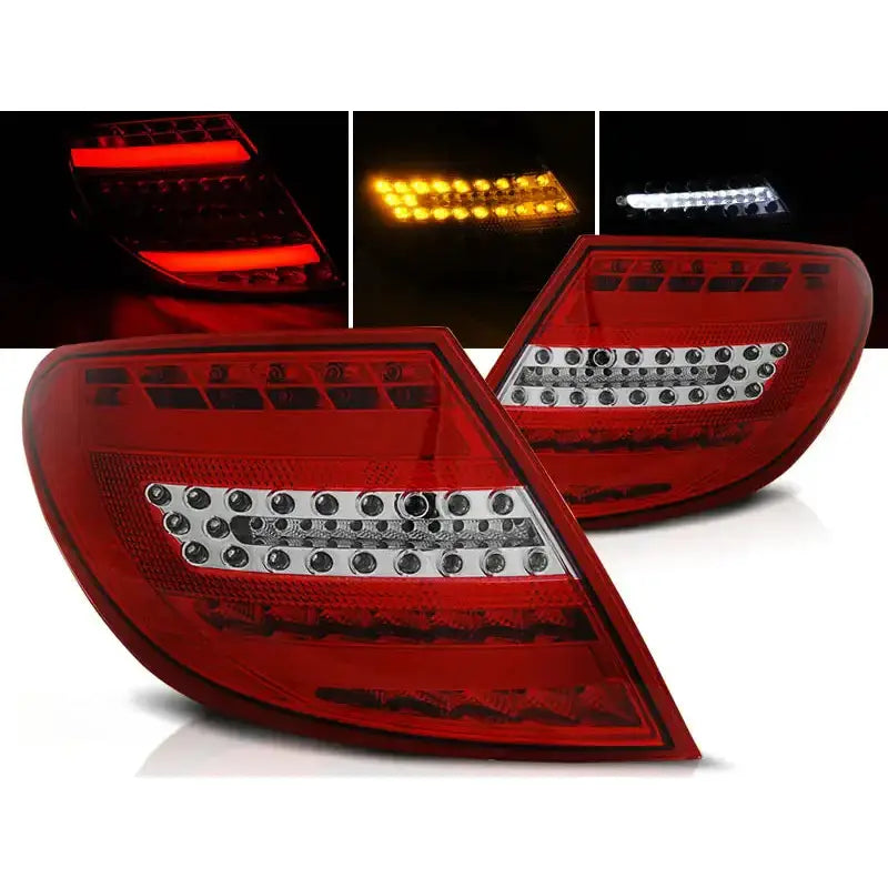 Baklykter Mercedes C-Klasse W204 LED, rød plast med klare felt, tent i rødt, gult og hvitt.