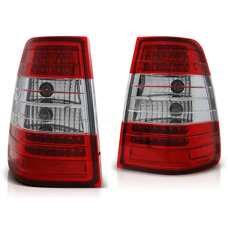 Baklykt Mercedes W124 E-Klasse stasjonsvogn LED, rød og hvit, sett fra siden og forfra.