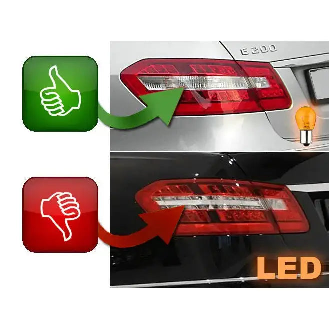 Baklykt Mercedes W212 E-Klasse LED, sammenligning av klar og svak lysspredning med tommel-symboler.