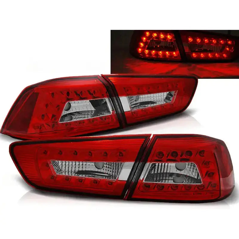 Baklykter Mitsubishi Lancer 8 Sedan 08-11 i rød og hvit LED, sett fra siden og skrå forfra.