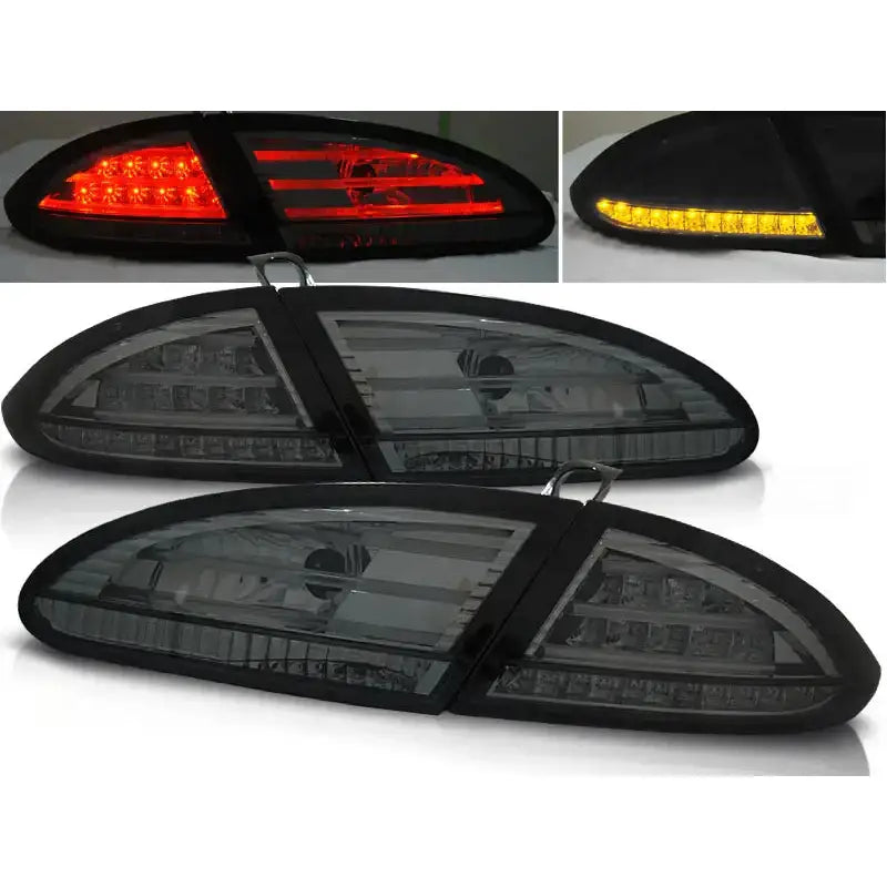 Baklykter Seat Leon 06.05-09 Smoke LED sett med røde og gule lys, vist fra siden og foran.
