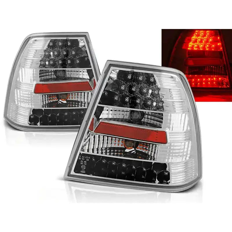 Baklykter Vw Bora 09.98-07.05 Chrome Led med sorte og røde detaljer, sett forfra med tent LED-lys.
