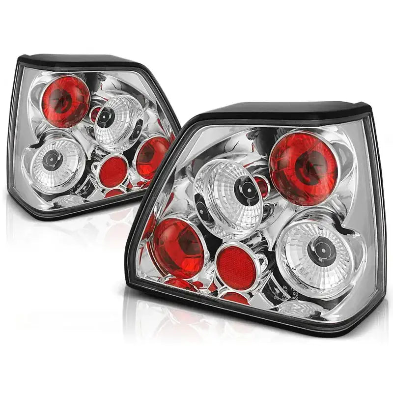 Baklykter Vw Golf 2 08.83-08.91 med klart glass, kromdetaljer og runde røde og hvite felter.