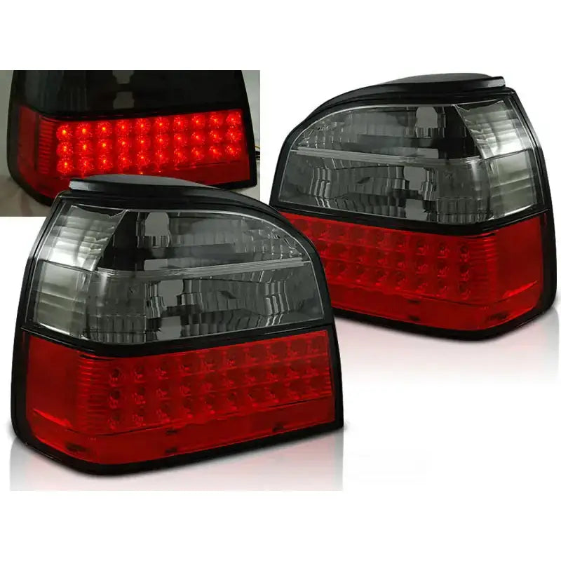 Baklykter Vw Golf 3 med rød og sotet LED-design, vist fra skrå vinkel og nærbilde av tenning.