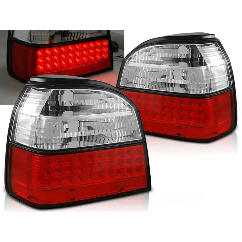 Baklykter Vw Golf 3 Red White LED sett sett fra skrå vinkel med tent rødt LED-detaljbilde.