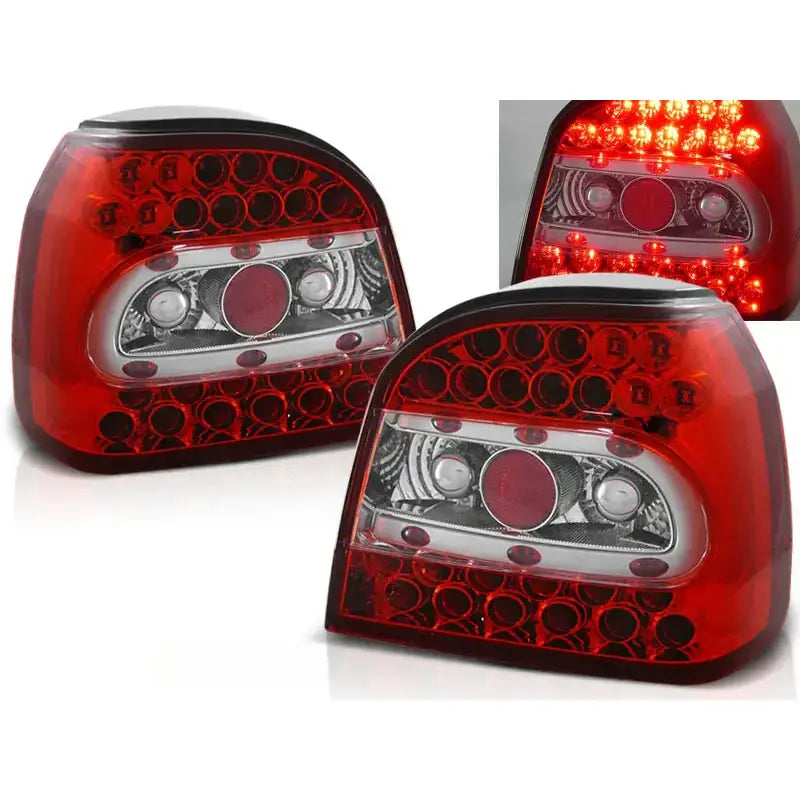Baklykter Vw Golf 3 med rødt og klart LED-design, sett skrått forfra, med opplyst detaljbilde.