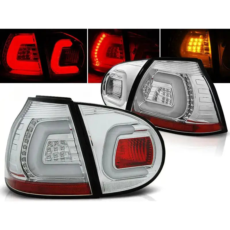 Baklykter Vw Golf 5 10.03-09 Chrome LED Bar sett fra skrå vinkel med tent rødt og oransje lys.