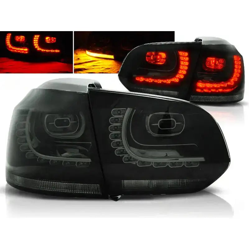 Baklykter Vw Golf 6 10.08-12 Smoke med LED, skrå vinkel og innfeltbilde av lyktene tent.