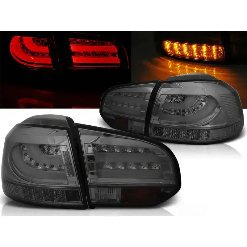 Baklykter Vw Golf 6 med sotet LED Bar, nærbilde i dagslys og opplyst i mørket.