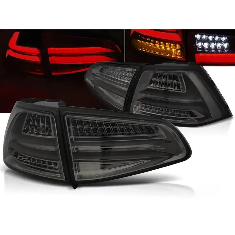 Baklykter Vw Golf 7 13- Smoke Led Bar sett med sotet glass og synlige LED-elementer fra skrå vinkel.