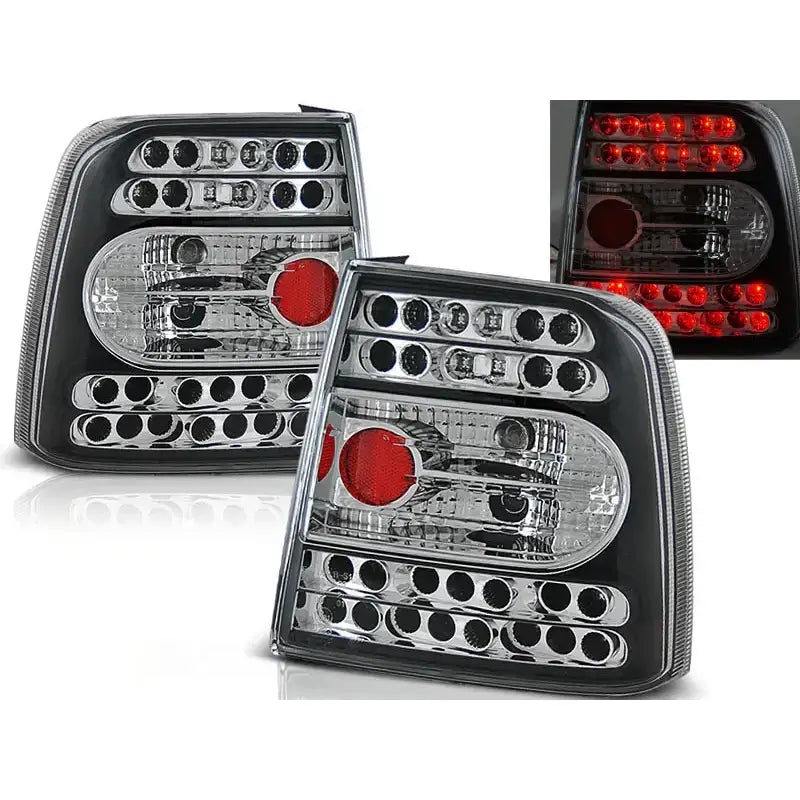 Baklykter Vw Passat B5 Black LED med runde LED-elementer og kromdetaljer, sett fra skrå vinkel.