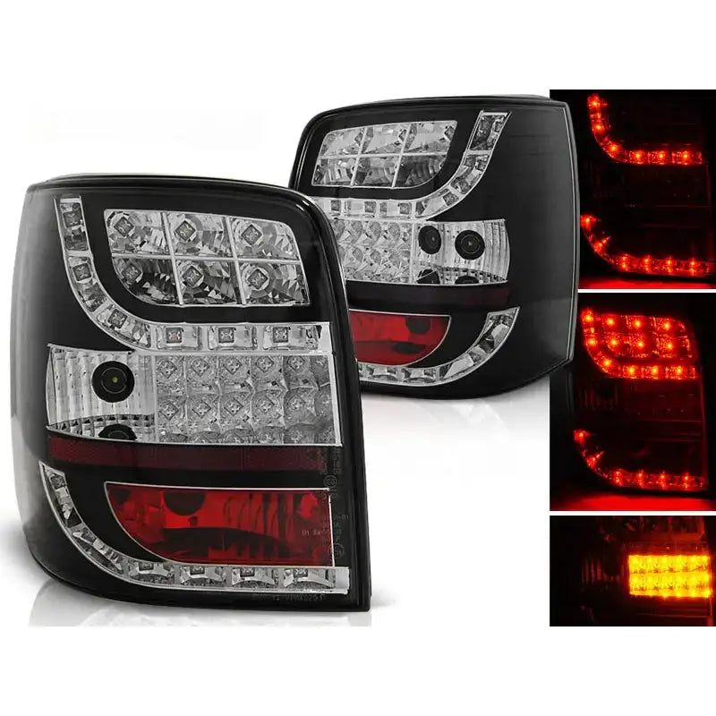 Baklykter Vw Passat B5 Variant med sorte detaljer, klare linser og LED-lys tent fra skrå vinkel.