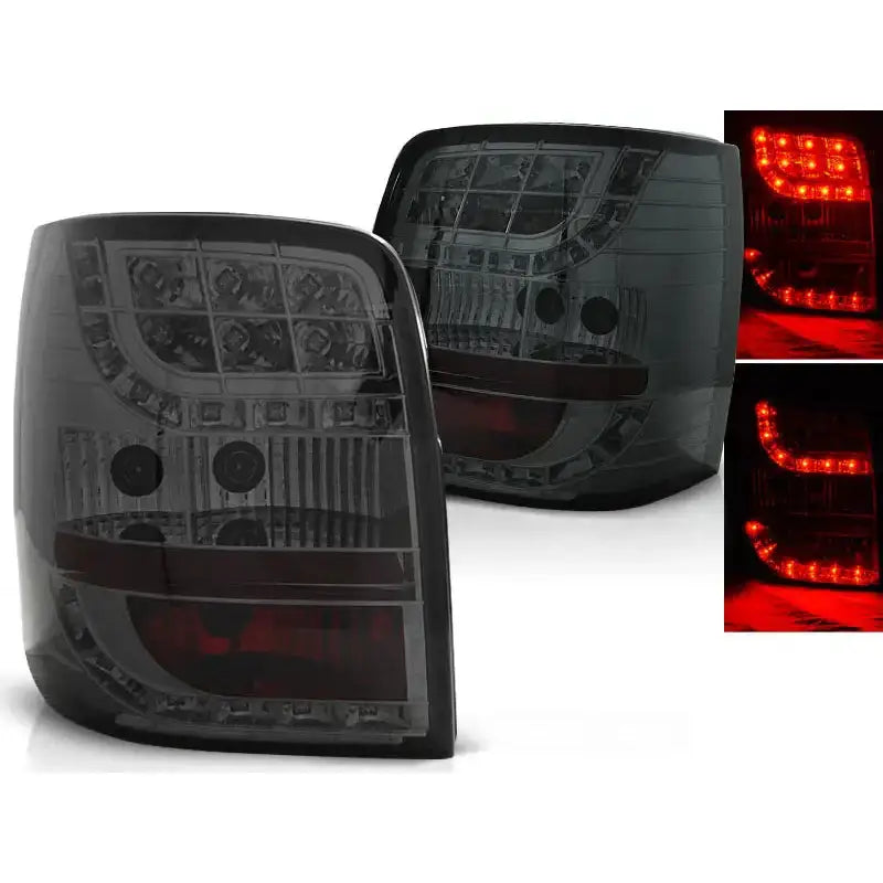 Baklykter Vw Passat B5 96-00 Variant Smoke Led med røkt glass, sett fra skrå vinkel og med rødt lys.