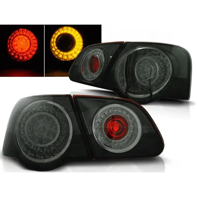 Baklykter Vw Passat B6 3C, runde smoke LED med røde og klare detaljer, tent i rødt og gult.