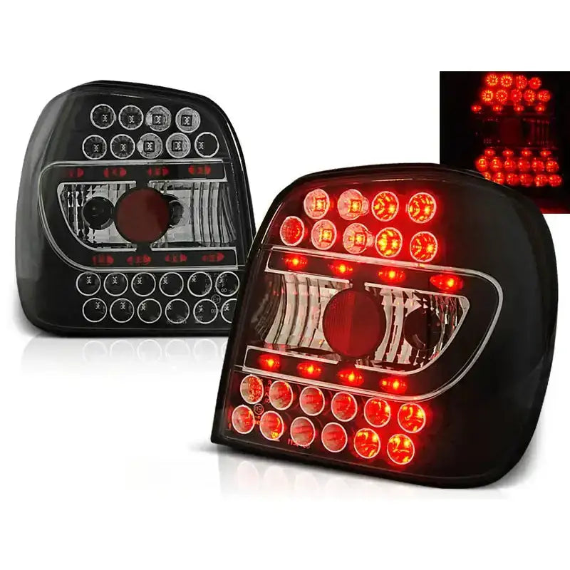 Baklykter Vw Polo 6N Black Led med klart glass, avbildet fra skrå vinkel med synlige LED-dioder.