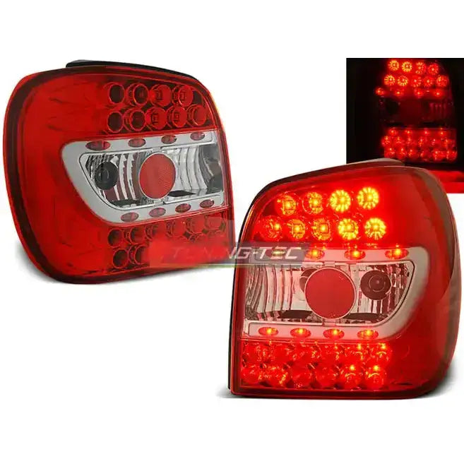 Baklykter Vw Polo 6N Red White LED med runde, klare lyselementer vist fra skrå vinkel.
