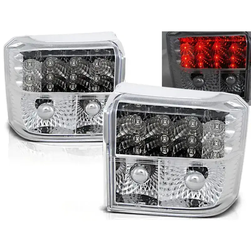 Baklykter Vw T4 90-03.03 Chrome Led med klare linser, kromdetaljer og LED-pærer sett forfra.