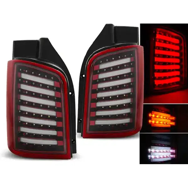 Baklykter Vw T5 LED i sort og rødt, sett forfra med lys i rødt, oransje og hvitt.