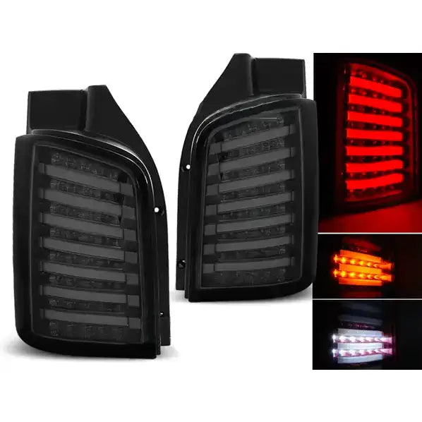 Baklykter Vw T5 04.03-09 / 10-15 Smoke LED med horisontale LED-striper, vist fra skrå vinkel.