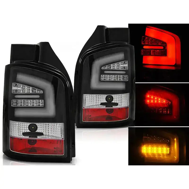 Baklykter Vw T5 04.03-09 Black Led Bar sett med LED, kameraåpning og ulike lysfarger tent.