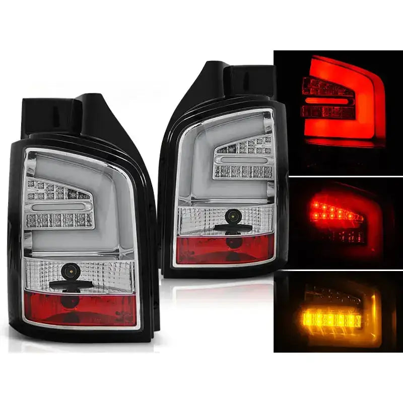 Baklykter Vw T5 04.03-09 Chrome Led Bar med svart kant og integrerte LED-lamper, sett forfra.