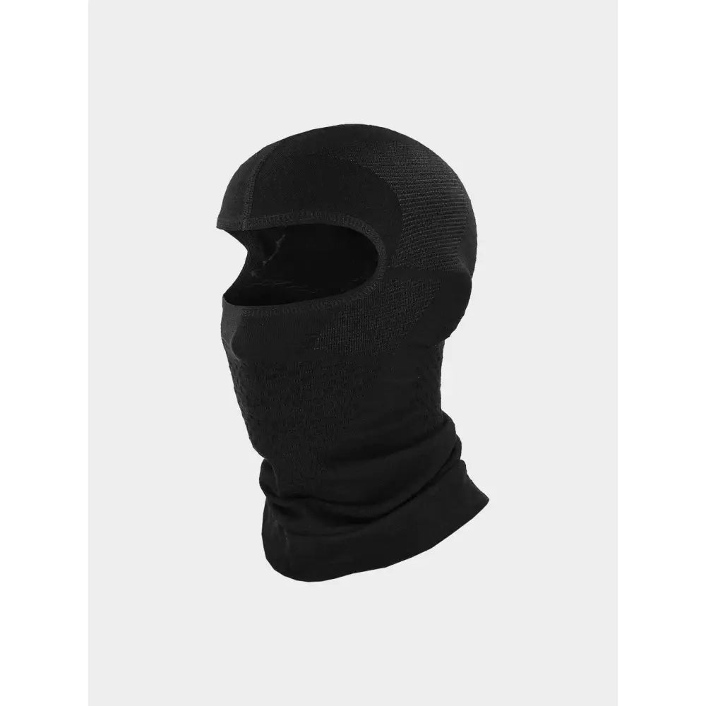 Balaclava i svart strikket stoff, tettsittende passform med stor åpning for øyne og nese, sidevisning.
