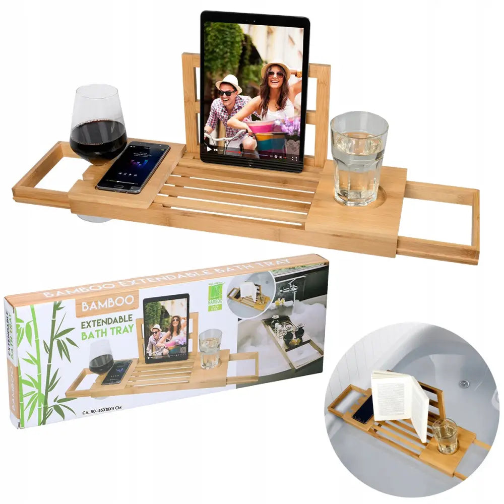 Bambus badekarhylle, sett ovenfra med rom for nettbrett, glass, mobil og bok, vist både i bruk og i eske.