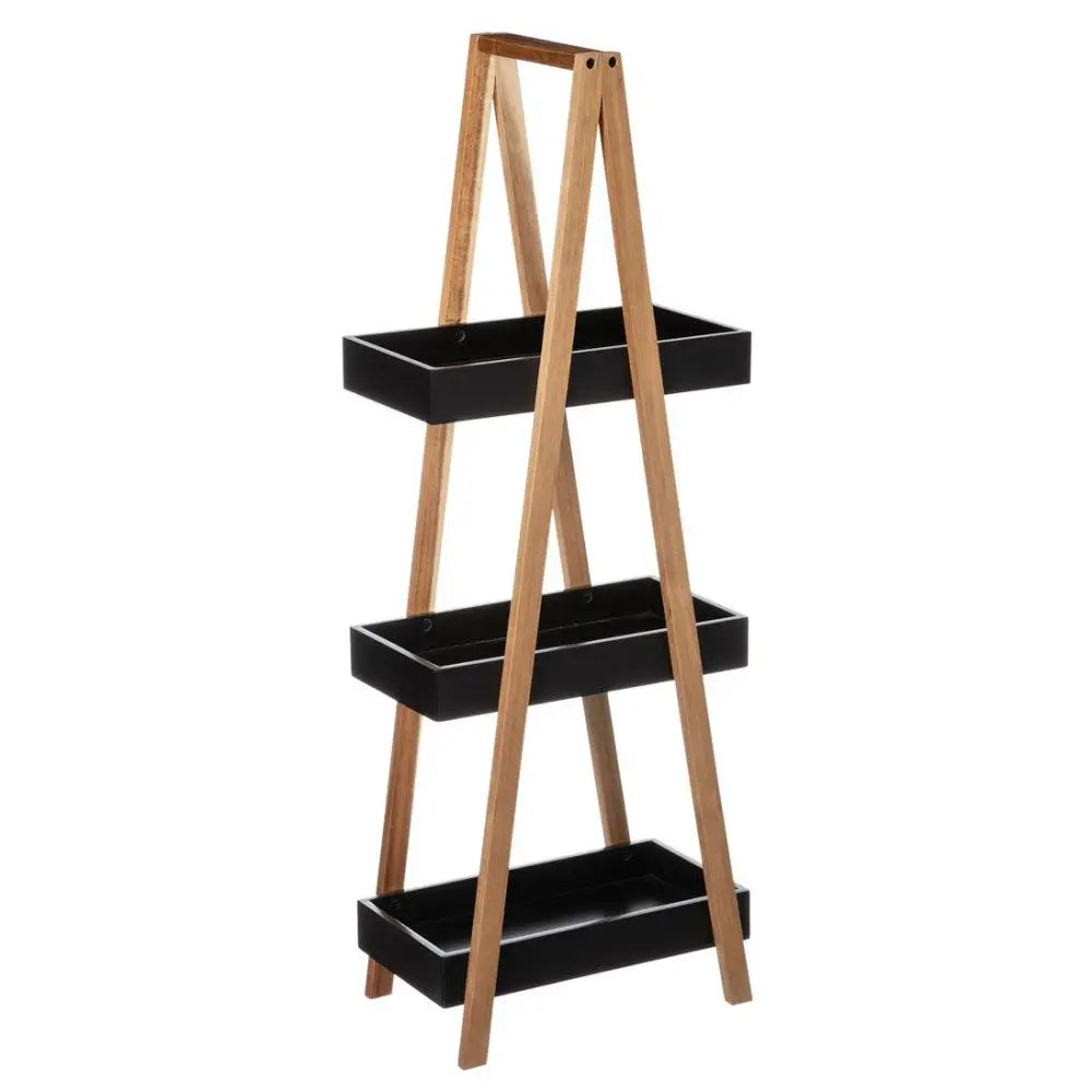 Bambus baderomshylle med tre svarte hyller og lys ramme, sidevinkel mot hvit bakgrunn.