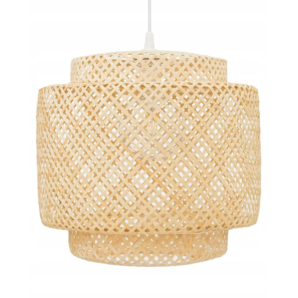 Bambus Boho taklampe 38cm, sidevisning som viser åpent flettemønster og hvit opphengssnor.