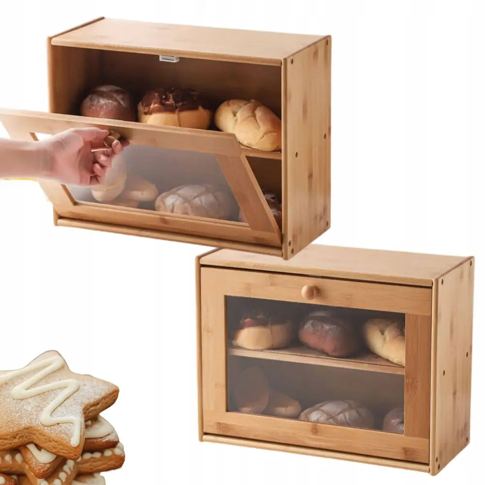 Bambus brødboks med to nivåer, åpen og lukket, fylt med ferskt bakverk og synlig frontpanel.