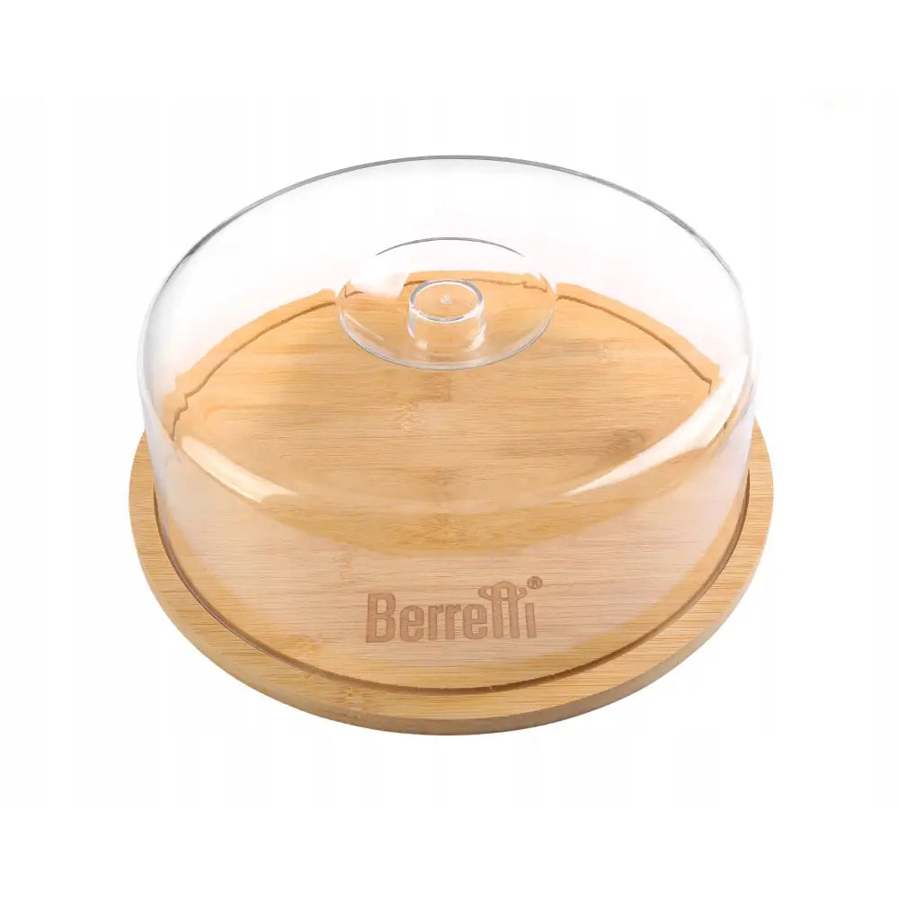 Bambus serveringsfat fra Berretti med glasslokk og gravert logo, sett ovenfra med synlig håndtak.