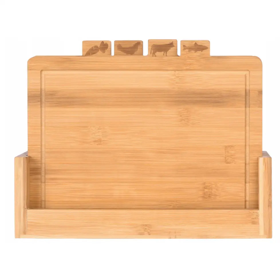 Bambus skjærebrettsett Dori, fire brett med fargede symboler for ulike matvarer i oppbevaringsholder.