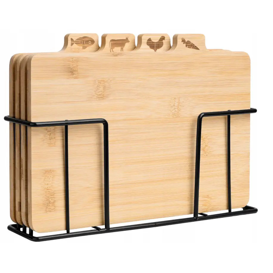 Bambuskjøkken skjærebrett sett med fire fjøler, hver med eget matsymbol, i sort metallholder.