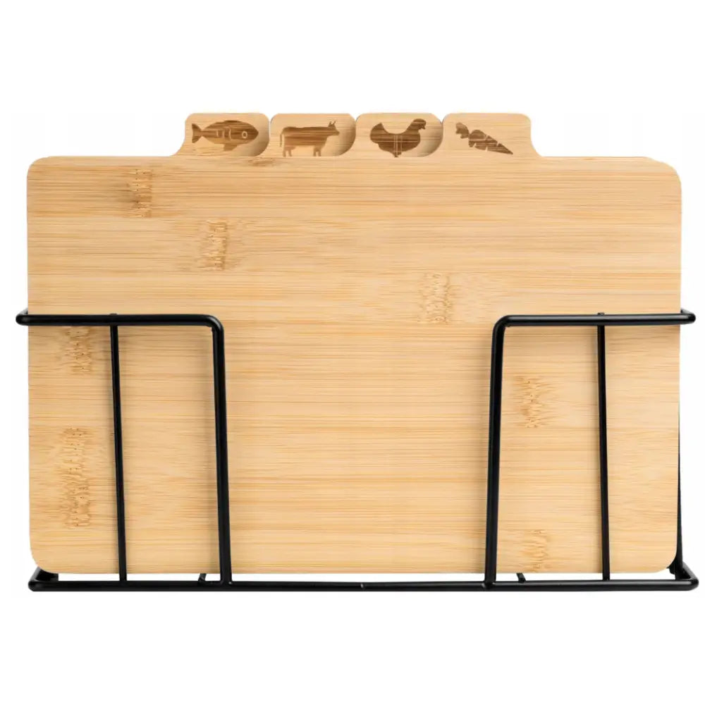 Bambuskjøkken skjærebrett i lyst tre med matsymboler, plassert i sort metallholder, frontvisning.