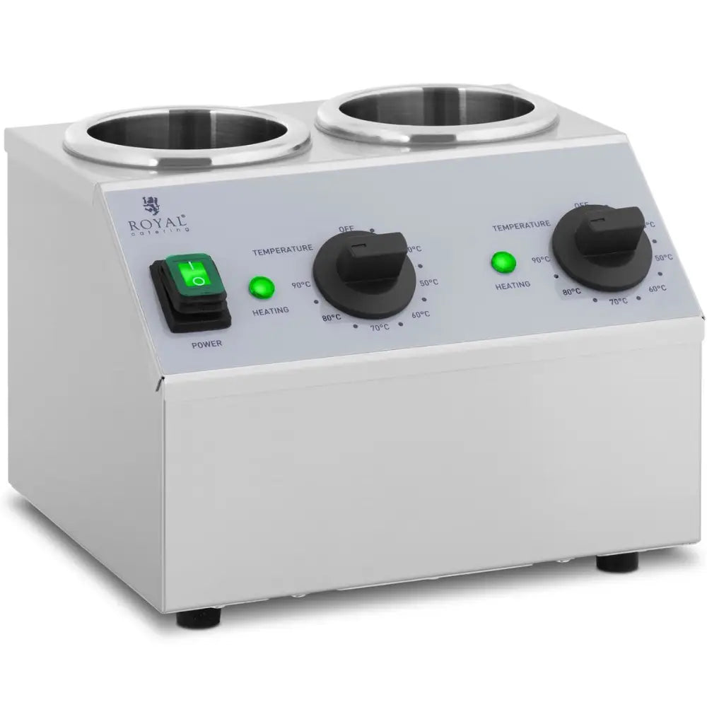 Dobbel sausgrill i rustfritt stål, skråvisning med to åpninger, grønne lys og sorte temperaturbrytere på fronten.