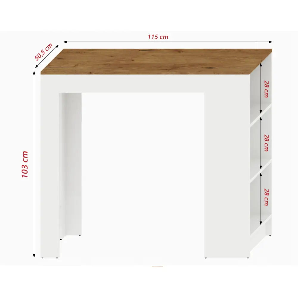 Barbord Flip i hvit matt, sett forfra med lyse trehyller på siden og synlige mål i centimeter på bildet.