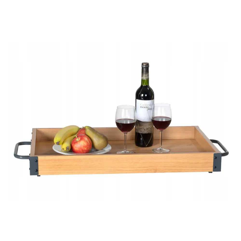 Serveringsvogn med flaskeholder, lyst trebrett sett forfra med rødvin, to vinglass og frukt på tallerken.